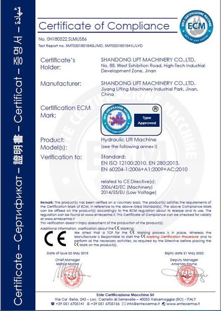 China Shandong Lift Machinery Co.,Ltd Certificaciones